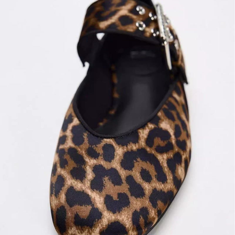 2025 Spring New Leopard Print Round Toe Buckle Retro Ballet Style Flat Mary Jane Fashion Pumps - Image 2